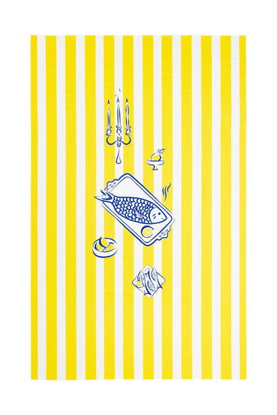 Nappe en 100% coton rayée jaune et bleue motif Le Poisson en version rectangulaire faite en France style méditerranéen