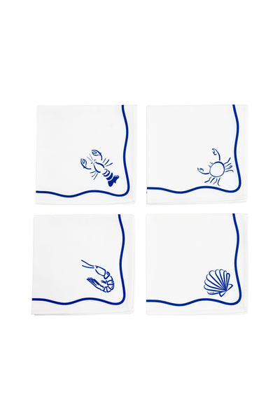 Coudre Paris créée des Serviettes de table haut de gamme en coton blanches motifs marins (homard, crabe, crevette, coquillage). Lot de 4, faites en France, design méditerranéen.