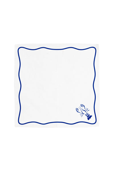 Coudre Paris créée des Serviettes de table haut de gamme en coton blanches motifs marins (homard, crabe, crevette, coquillage). Lot de 4, faites en France, design méditerranéen.