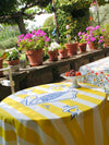 Nappe en 100% coton rayée jaune et bleue motif Le Poisson faite en France style méditerranéen. Coudre Paris