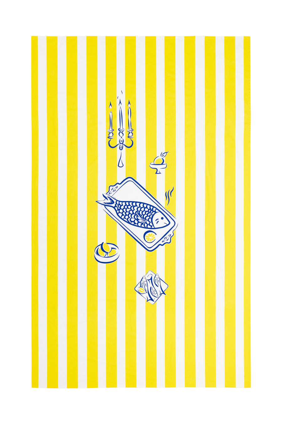 Nappe en 100% coton rayée jaune et bleue motif Le Poisson en version rectangulaire faite en France style méditerranéen