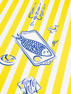 Nappe en 100% coton rayée jaune et bleue motif Le Poisson en version rectangulaire faite en France style méditerranéen