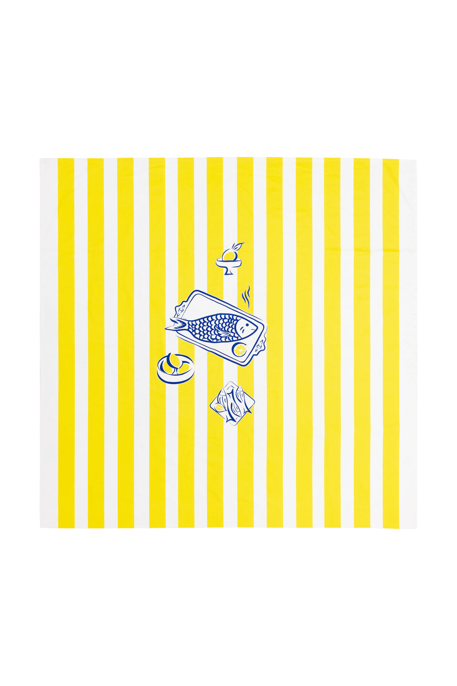 Nappe en 100% coton rayée jaune et bleue motif Le Poisson faite en France style méditerranéen. Coudre Paris