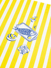 Nappe en 100% coton rayée jaune et bleue motif Le Poisson faite en France style méditerranéen. Coudre Paris
