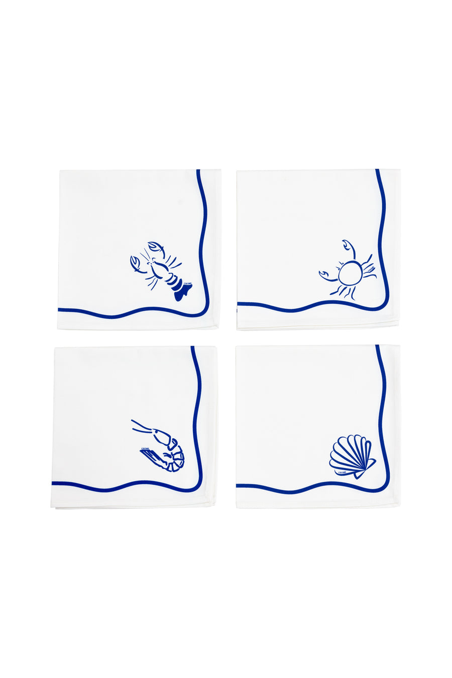 Coudre Paris créée des Serviettes de table haut de gamme en coton blanches motifs marins (homard, crabe, crevette, coquillage). Lot de 4, faites en France, design méditerranéen.