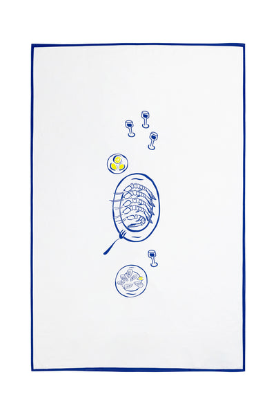 Nappe en 100% coton blanche et bleue motif La Gambas en version rectangulaire faite en France style méditerranéen