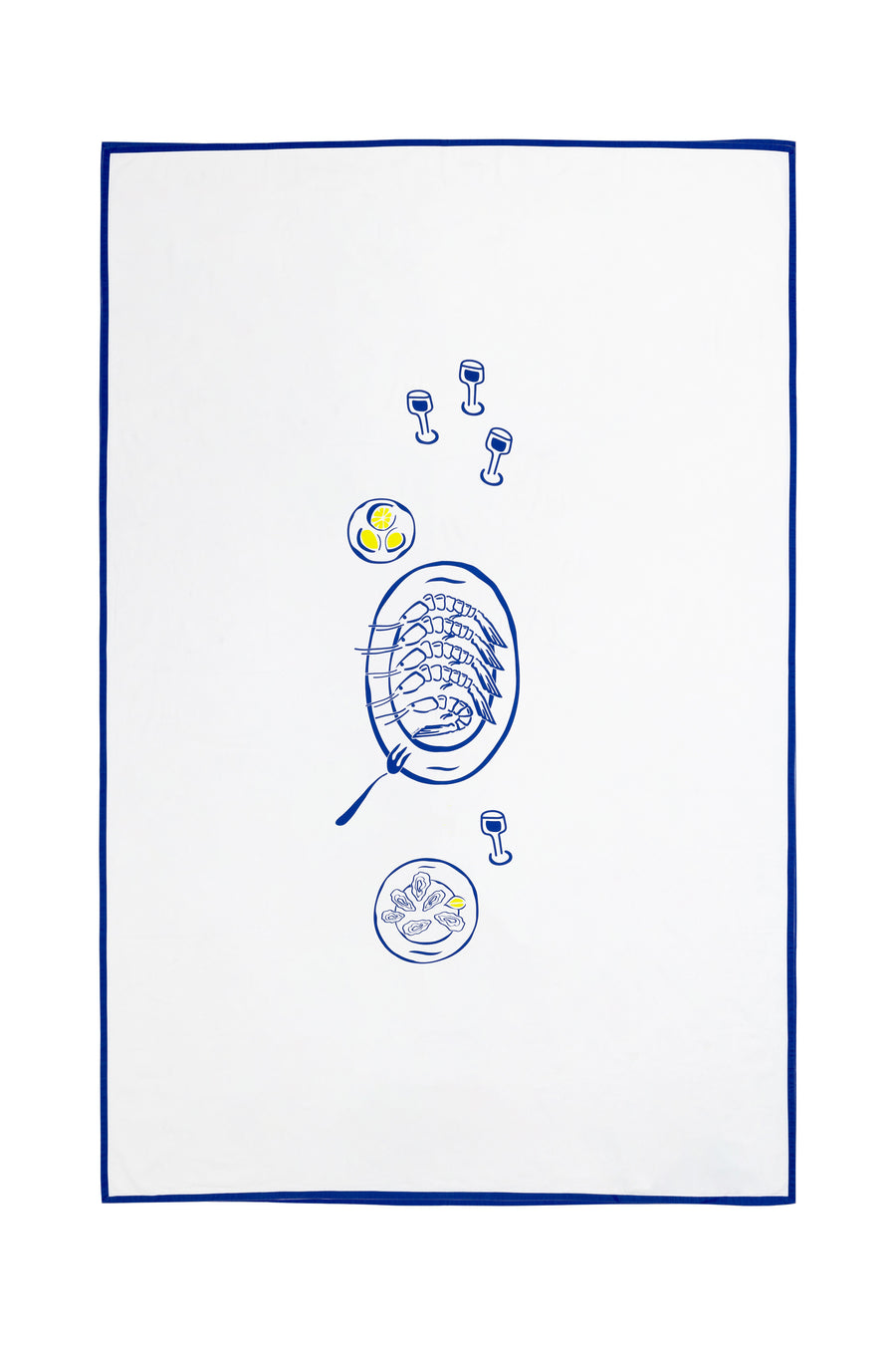 Nappe en 100% coton blanche et bleue motif La Gambas en version rectangulaire faite en France style méditerranéen