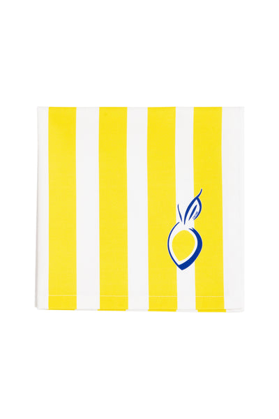 Serviettes en coton rayées jaunes motif citron faites en France par lot de 2 design méditerranéen pour table d'été.