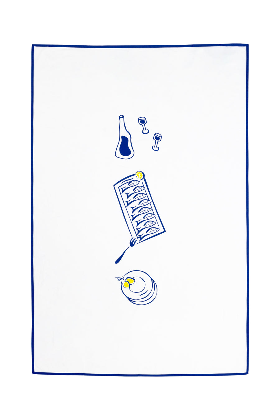 Nappe en 100% coton blanche et bleue motif La Sardine en version rectangulaire faite en France style méditerranéen