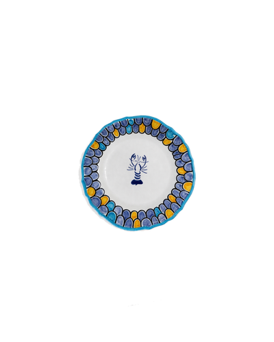 Assiette a desert jaune et bleu faite à la main en Italie en céramique. dressez une jolie table d'été avec les assiettes 'Ecailles Marines"